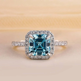 Polished Jewelry Elite Touch Louily Exclusive Halo Asscher Cut Light Aquamarine Blue Engagement Ring In Sterling Silver