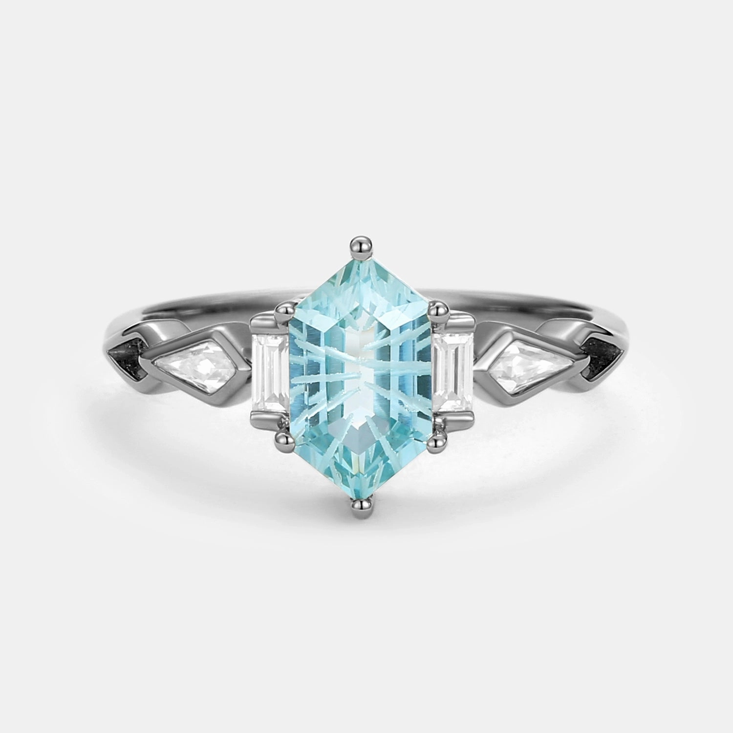 Fireworks Cut Aquamarine Elongated Hexagon Engagement Ring - Marina Handcrafted Art Creative Finish