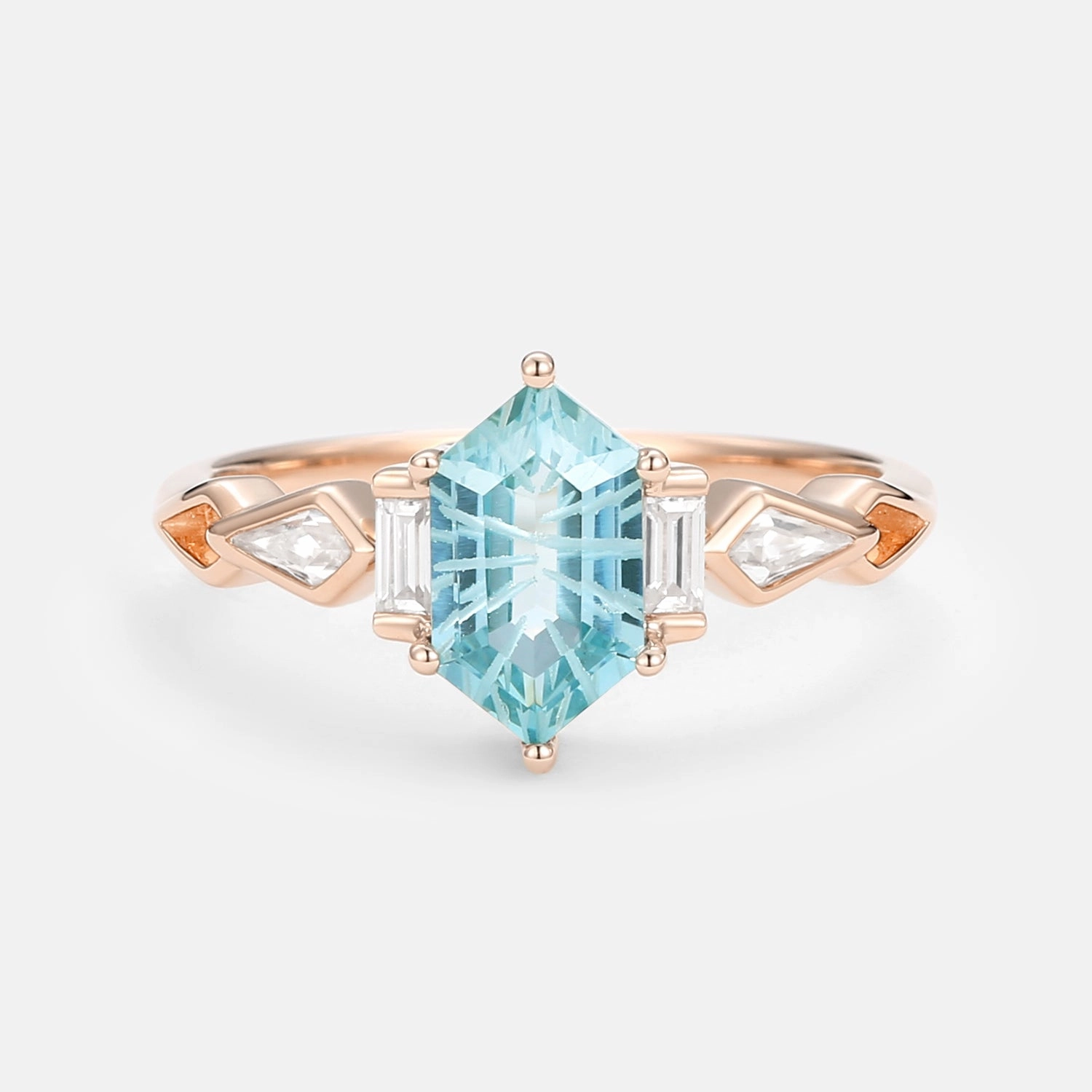 Fireworks Cut Aquamarine Elongated Hexagon Engagement Ring - Marina Gloss Appeal Nature Inspired