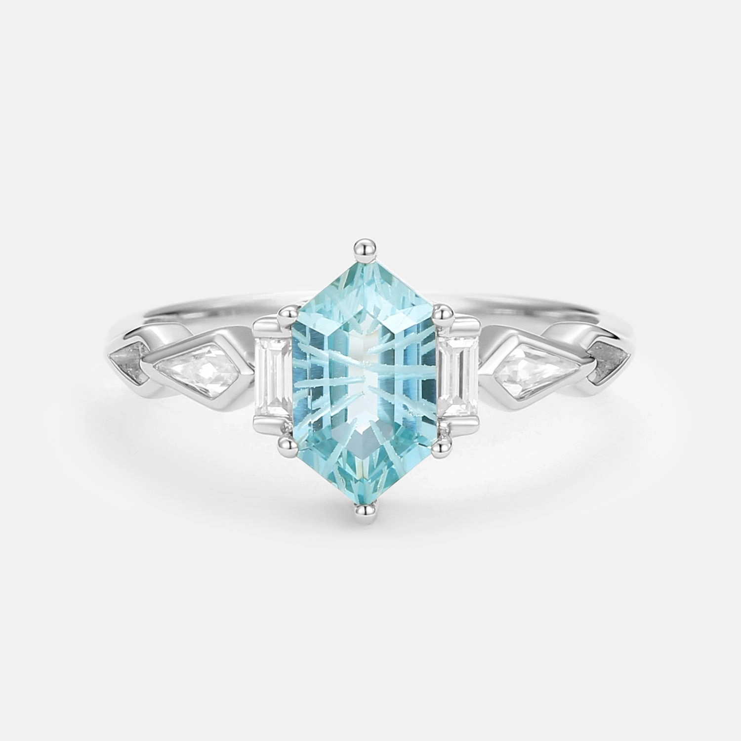 Fireworks Cut Aquamarine Elongated Hexagon Engagement Ring - Marina Muted Elegance Retro Inspired