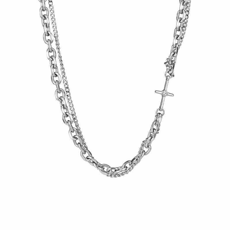 Cross Double Layer Chain Necklace | Titanium Steel Wire Wrapped Piece