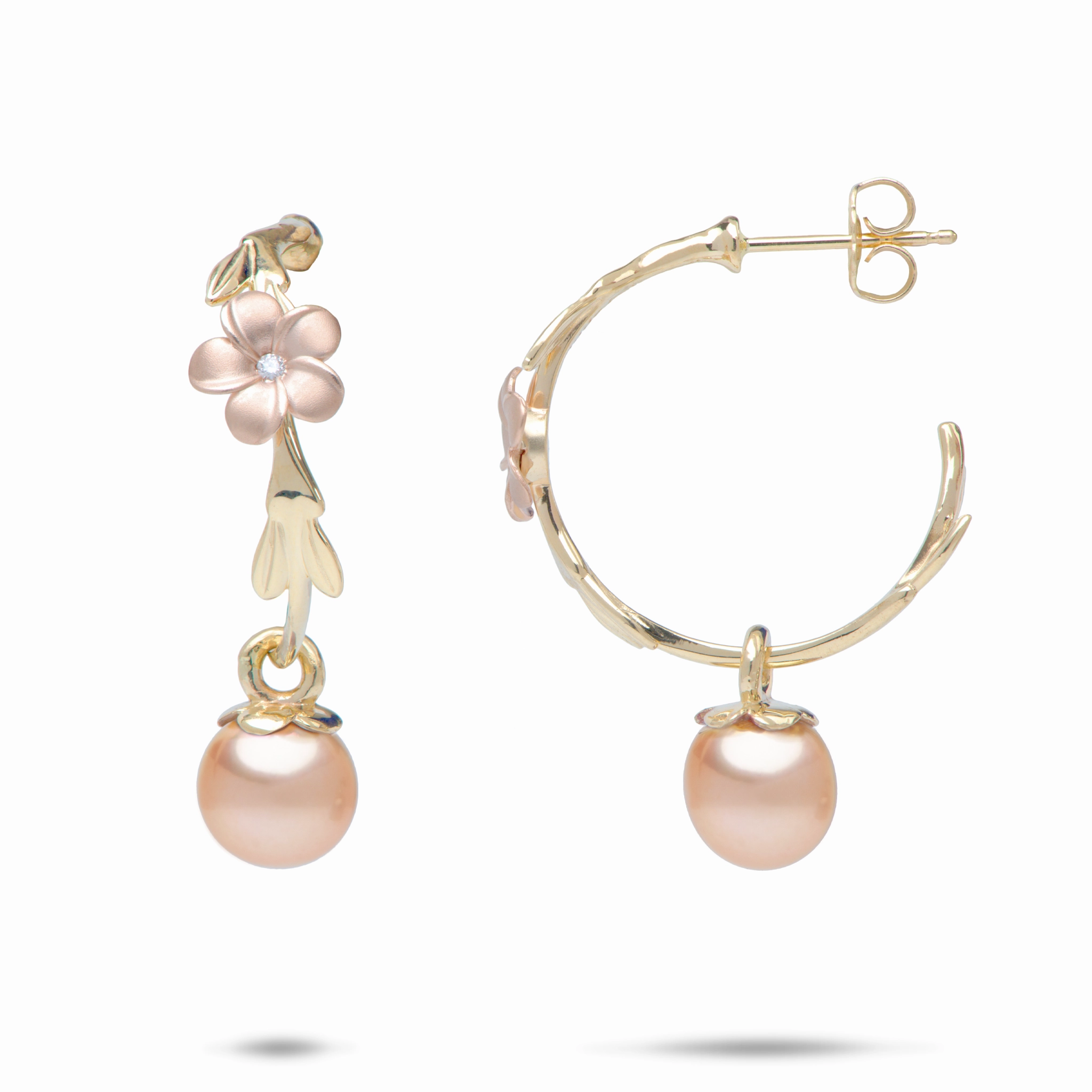 Rustic Item Pearls in Bloom Plumeria Peach Freshwater Pearl Earrings in Two Tone Gold with Diamonds - 22mm