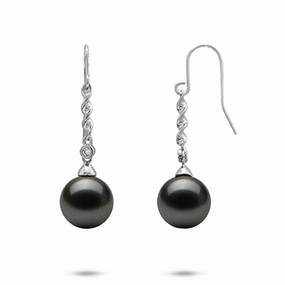 Vintage-Inspired Jewelry Neutral Trinket Tahitian Black Pearl Earrings in White Gold with Diamonds - 9-10mm