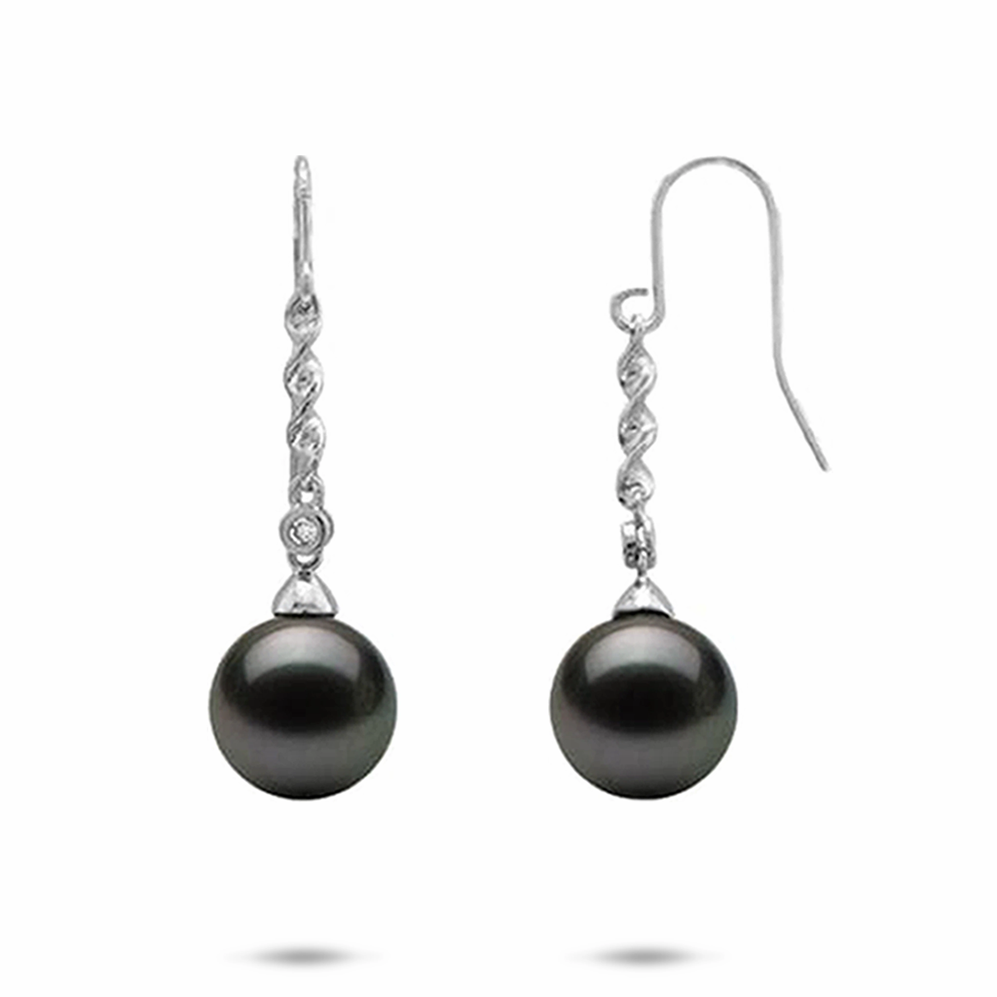 Vintage-Inspired Jewelry Neutral Trinket Tahitian Black Pearl Earrings in White Gold with Diamonds - 9-10mm