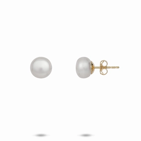 Ornate Accessory Button Freshwater Pearl Earrings in Gold - 8-9mm