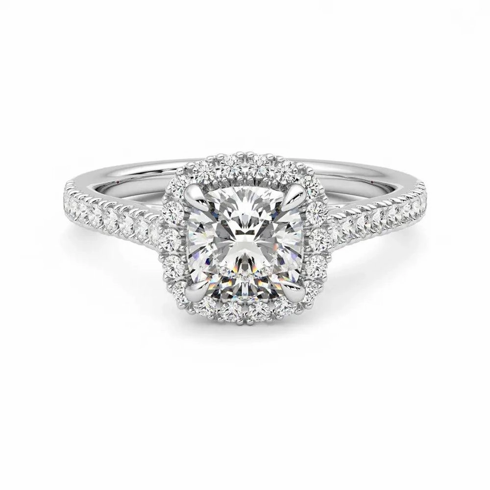 Chic Accessories Subtle Edge Cushion Cut Halo Moissanite Engagement Ring with Hidden Anniversary Stone Accent