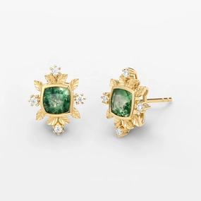 Polygonal Embellishment Cushion Cut Moss Agate & Moissanite Leafy Studs Set 2pcs