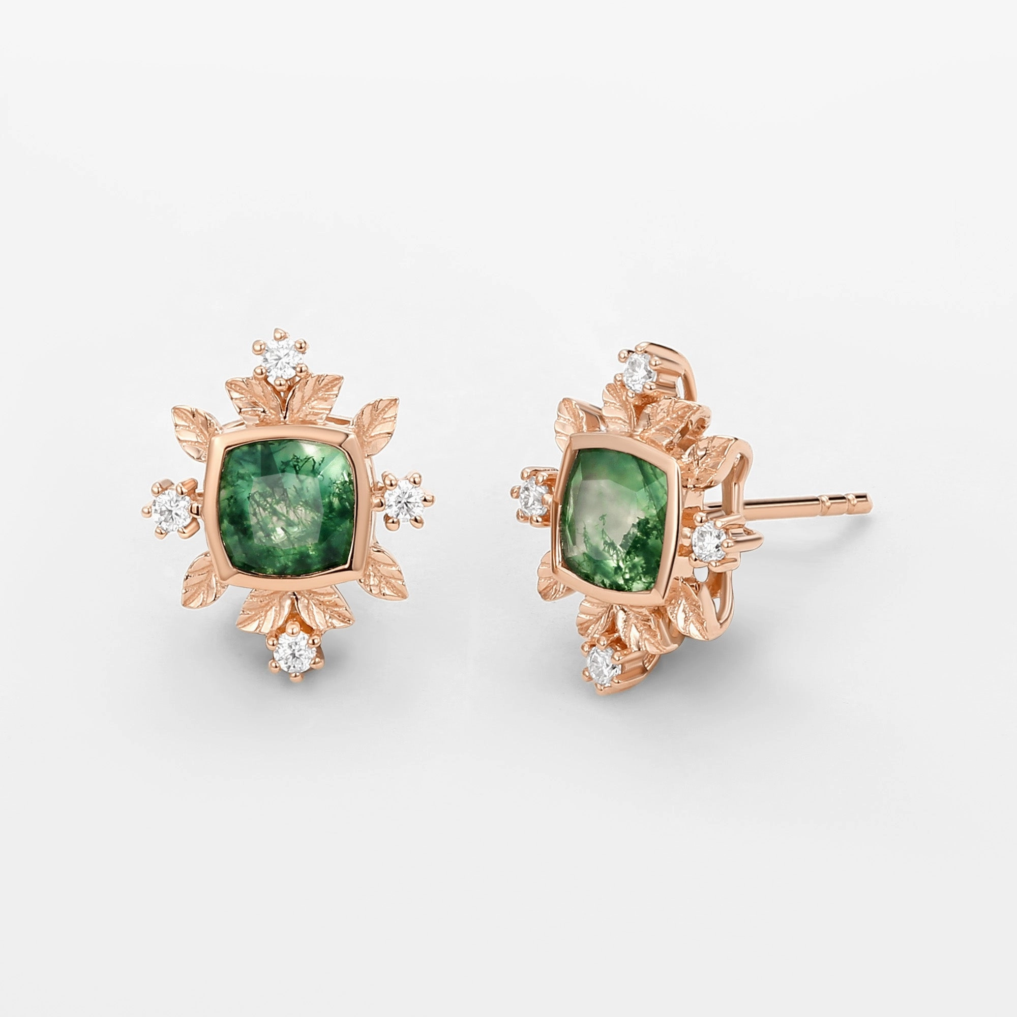Cushion Cut Moss Agate & Moissanite Leafy Studs Set 2pcs Substantial Adornment
