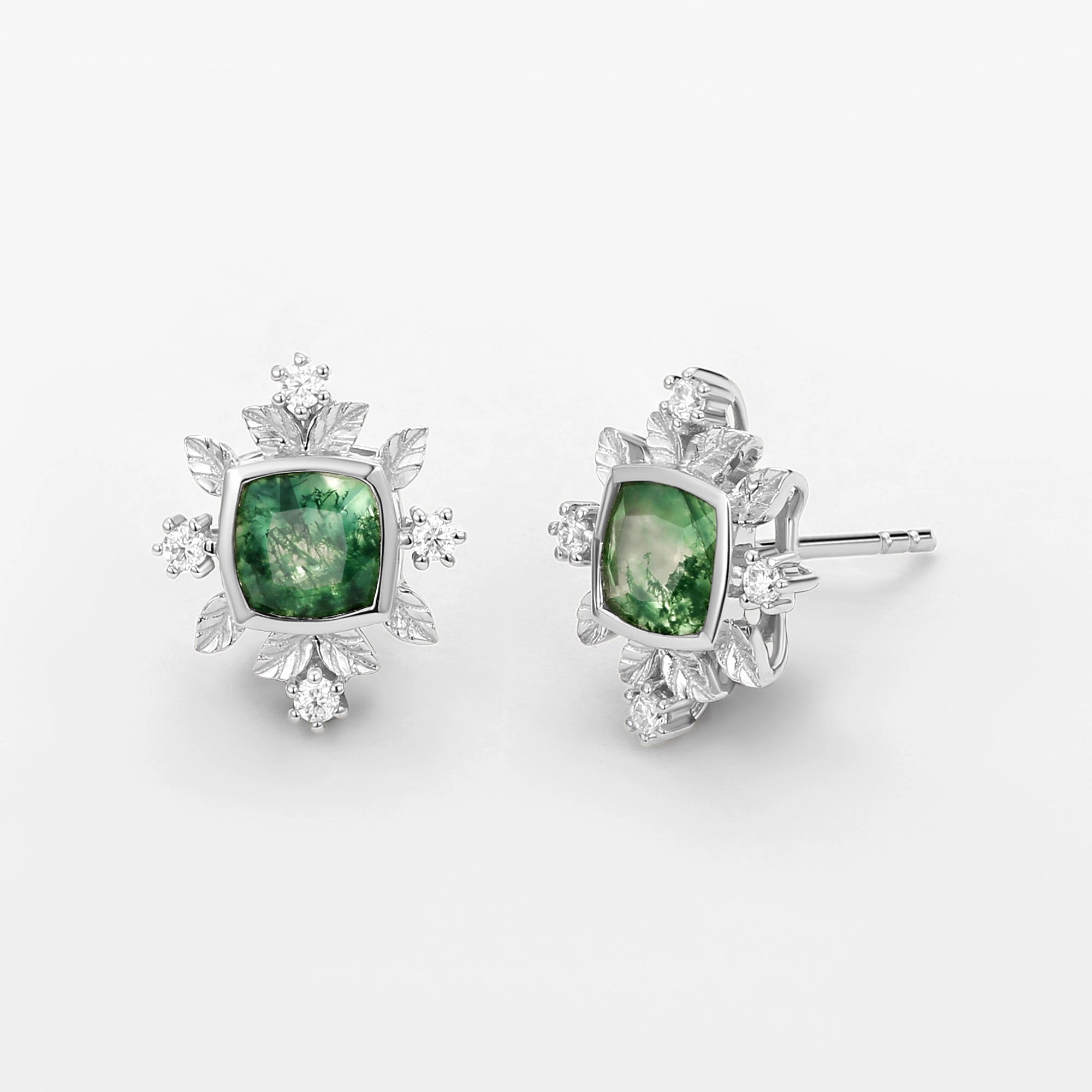 Cushion Cut Moss Agate & Moissanite Leafy Studs Set 2pcs Summer Ornament