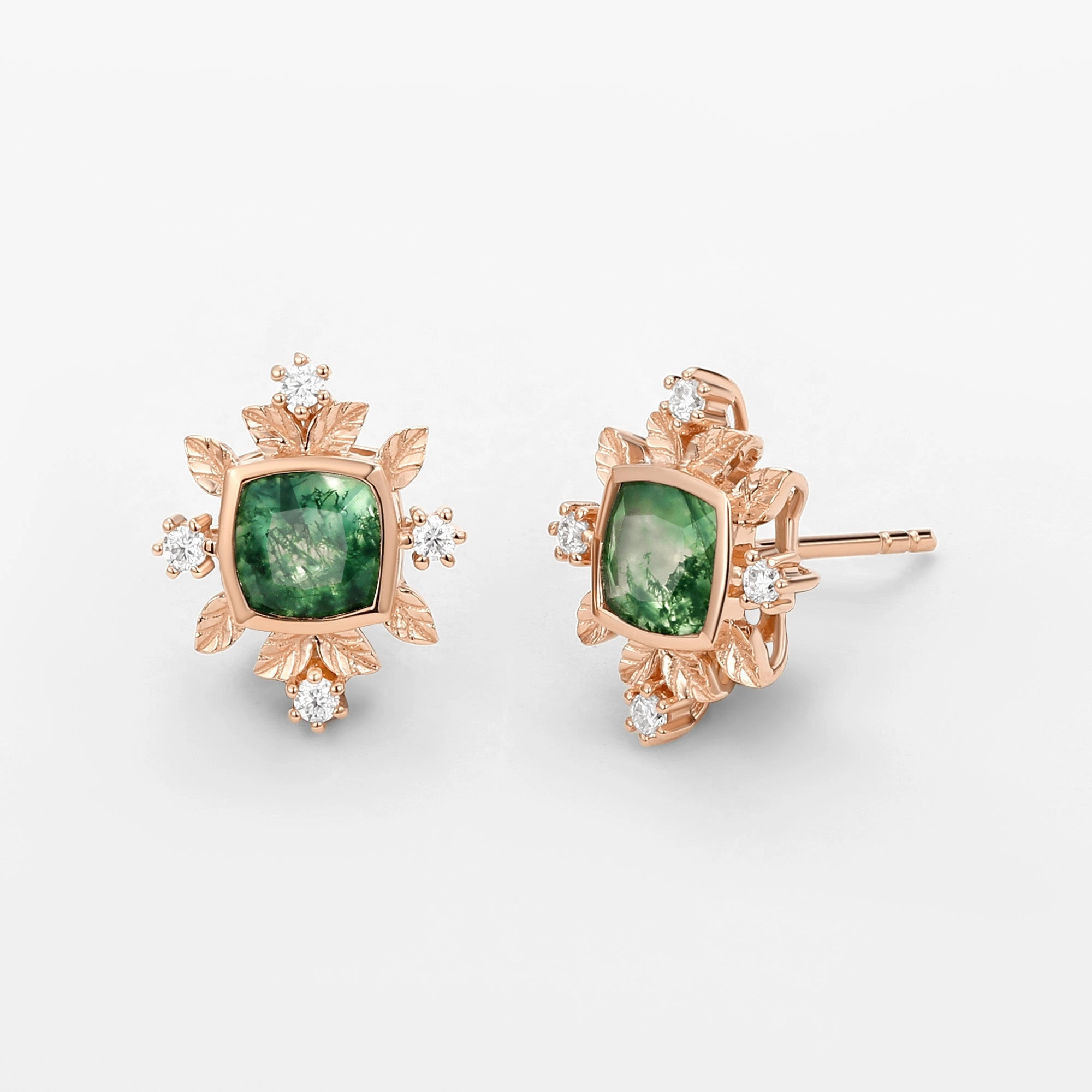 Simple Accent Small Adornment Cushion Cut Moss Agate & Moissanite Leafy Studs Set 2pcs