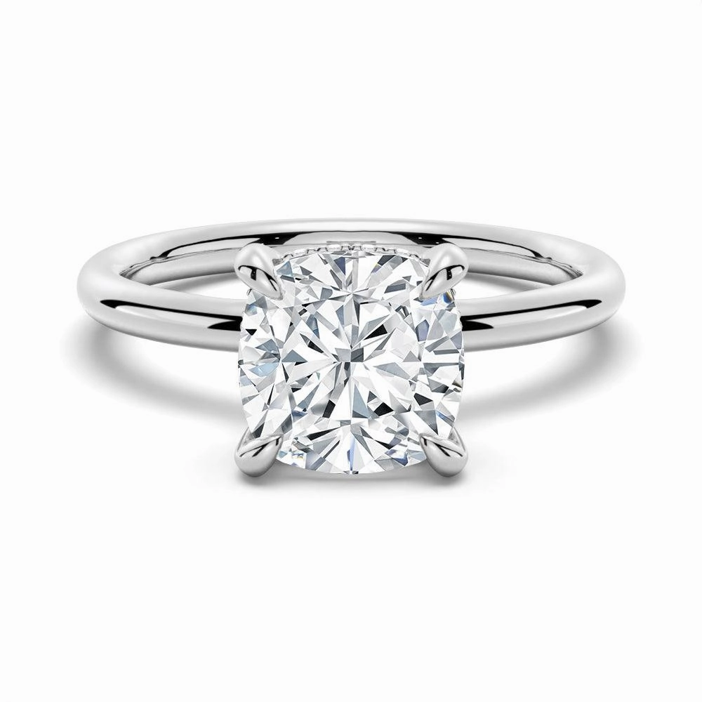 Cushion Cut Solitaire Moissanite Engagement Ring With Hidden Halo Finishing Touch