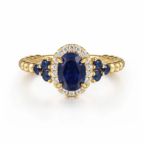 14K Yellow Gold Bujukan Diamond Halo and Oval Blue Sapphire Fashion Ring Affordable Symbol