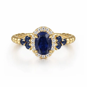 14K Yellow Gold Bujukan Diamond Halo and Oval Blue Sapphire Fashion Ring Affordable Symbol