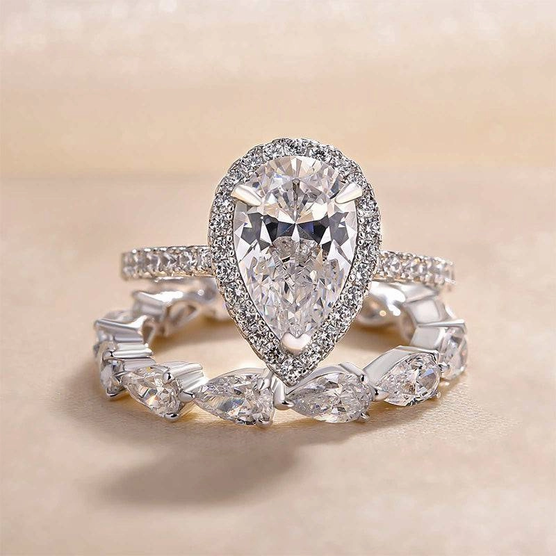 Glam Vibe Louily Halo Pear Cut Wedding Ring Set In Sterling Silver
