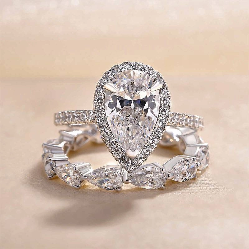 Louily Halo Pear Cut Wedding Ring Set In Sterling Silver Everyday Spark