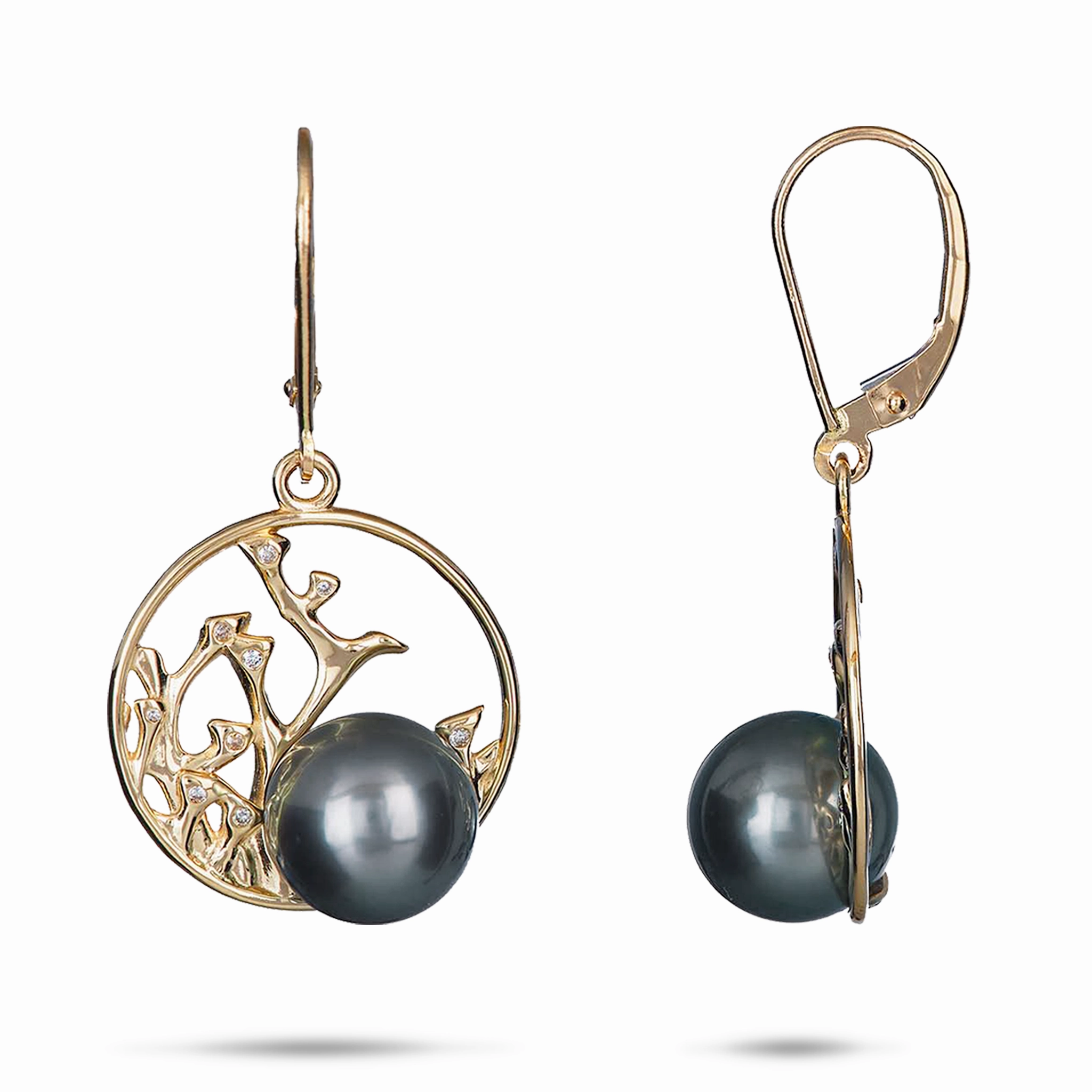 Reefs Tahitian Black Pearl Earrings in Gold with Diamonds - 9-10mm Sophisticated product Vintage Creation