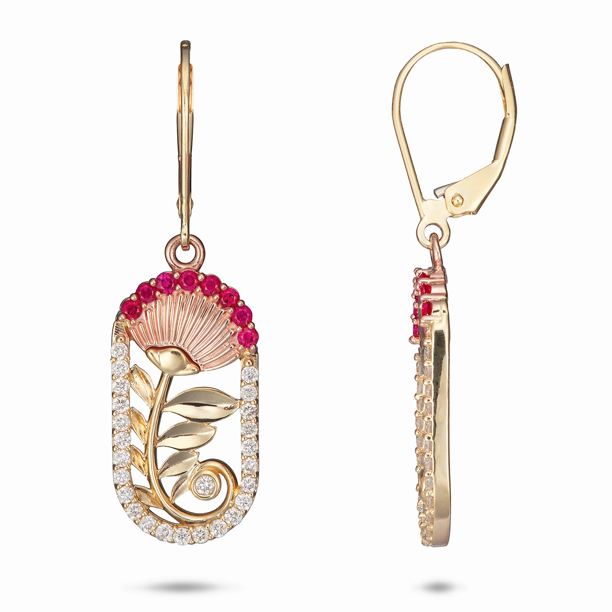 ???hi?a Lehua Ruby Earrings in Two Tone Gold with Diamonds - 24mm Artful Design