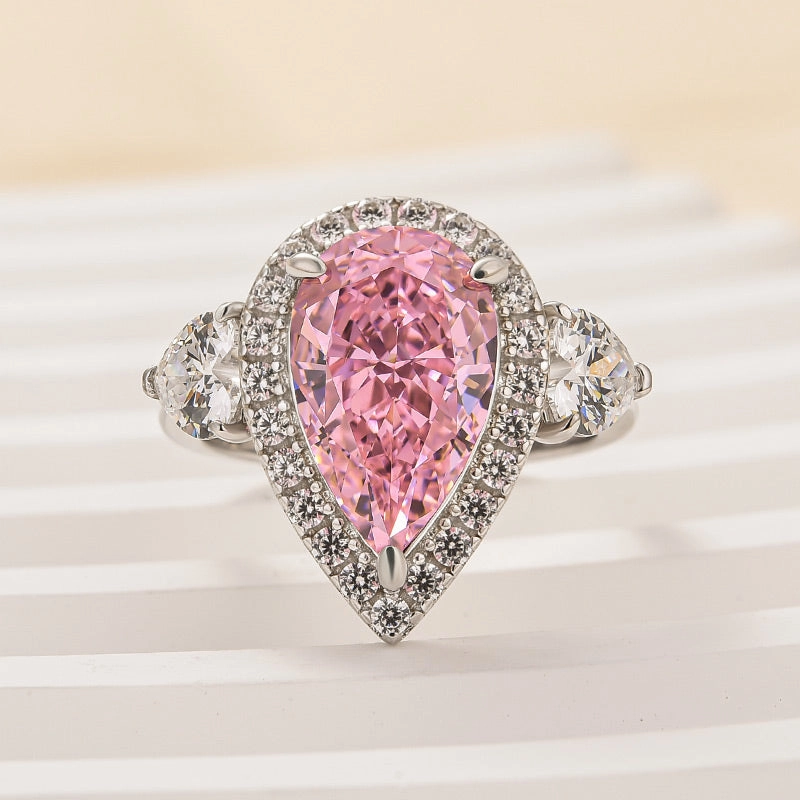 Louily Beautiful Pear Cut Pink Sapphire Three Stone Engagement Ring Iconic Accent
