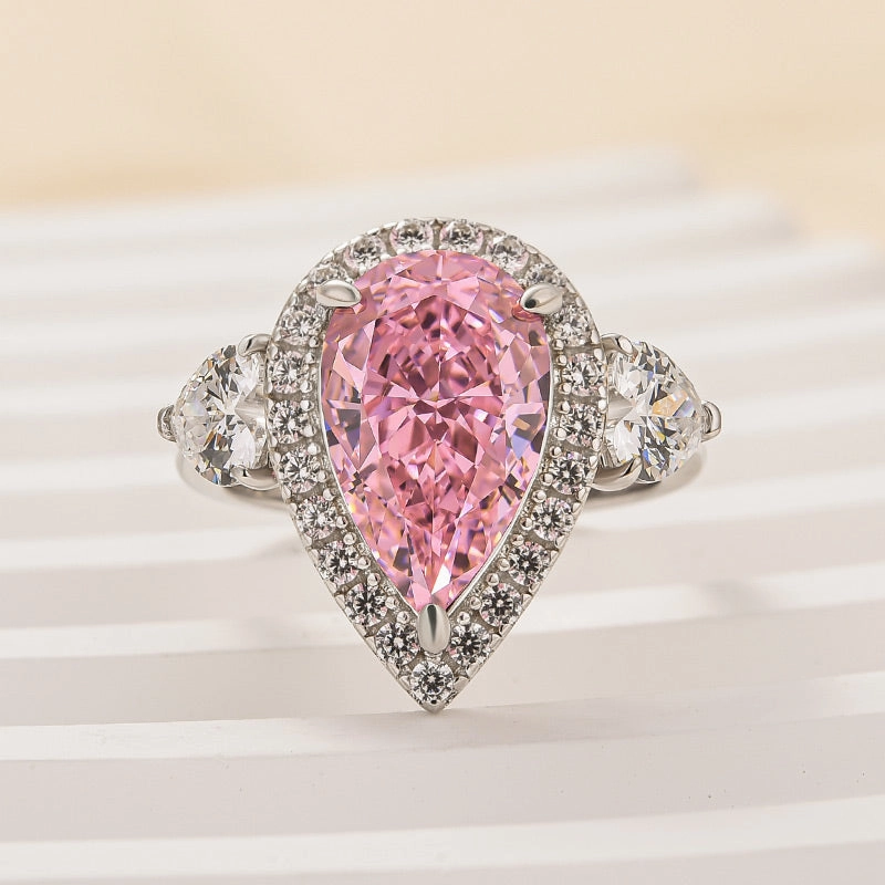 Louily Beautiful Pear Cut Pink Sapphire Three Stone Engagement Ring Elegant Embellishments
