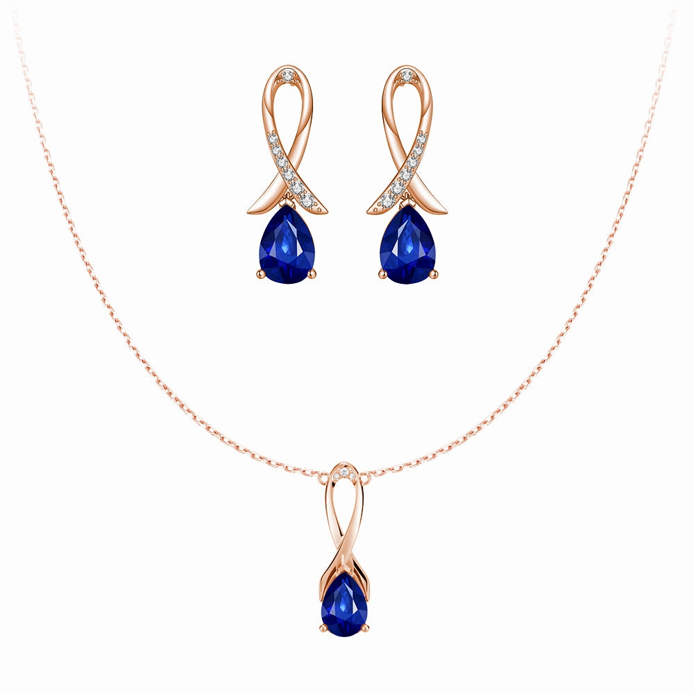 Shining Accent "Blue For Pink" Sapphire Necklace And Earrings Set With Ribbon