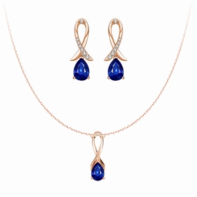 Shining Accent "Blue For Pink" Sapphire Necklace And Earrings Set With Ribbon