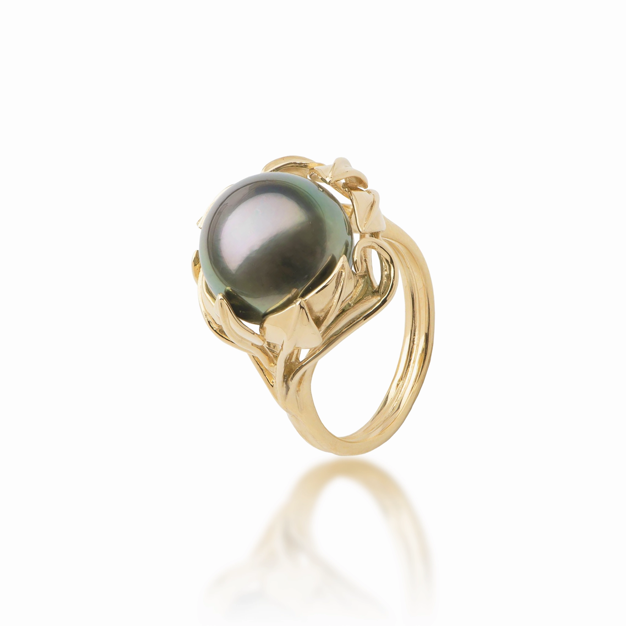 Maile Leaf Tahitian Black Pearl Ring in Gold - 12-13mm Premium accessory Delicate Look