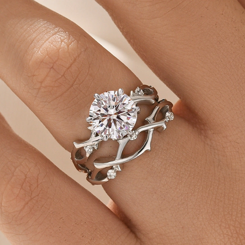 Effortless Design Moissanite 2.0 Ct Twig 6 Prong Round Cut Twist White Gold Wedding Set