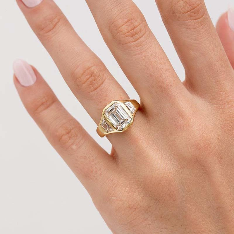 feminine grace Louily Luxury Yellow Gold Three Stone Emerald Cut Bezel Engagement Ring