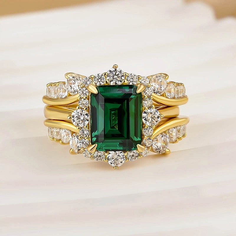 3.0Ct Halo Emerald Cut Insert Wedding Ring Set With Vintage Jacket Wedding Band Effortless Style Subtle Highlight