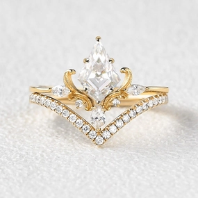 Layered Finish Art-Deco Antique Kite Cut Moissanite Engagement Ring Set 2pcs