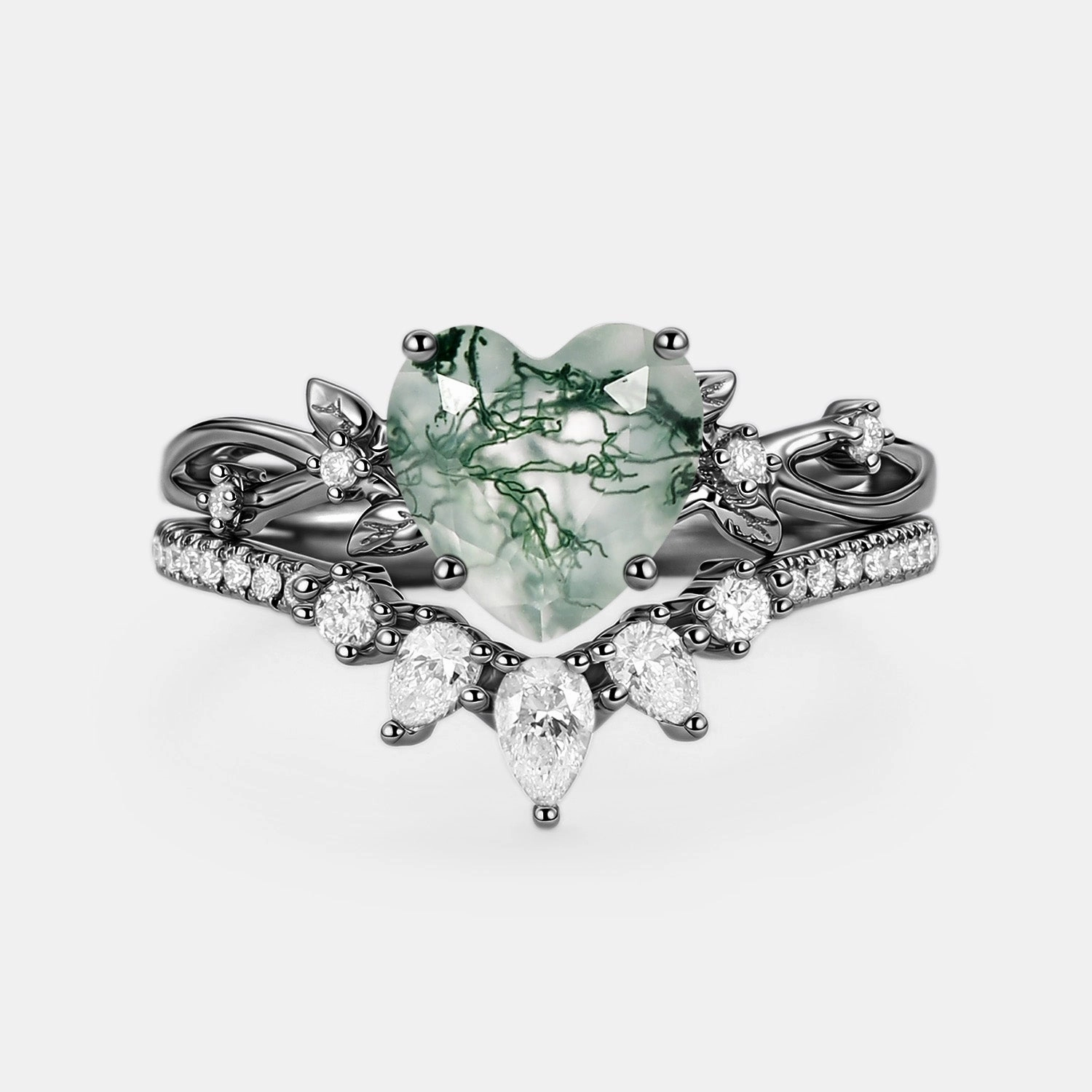 Alluring piece Daily Classic Heart Shaped Moss Agate Leafy Ring Set 2pcs - Wrenley