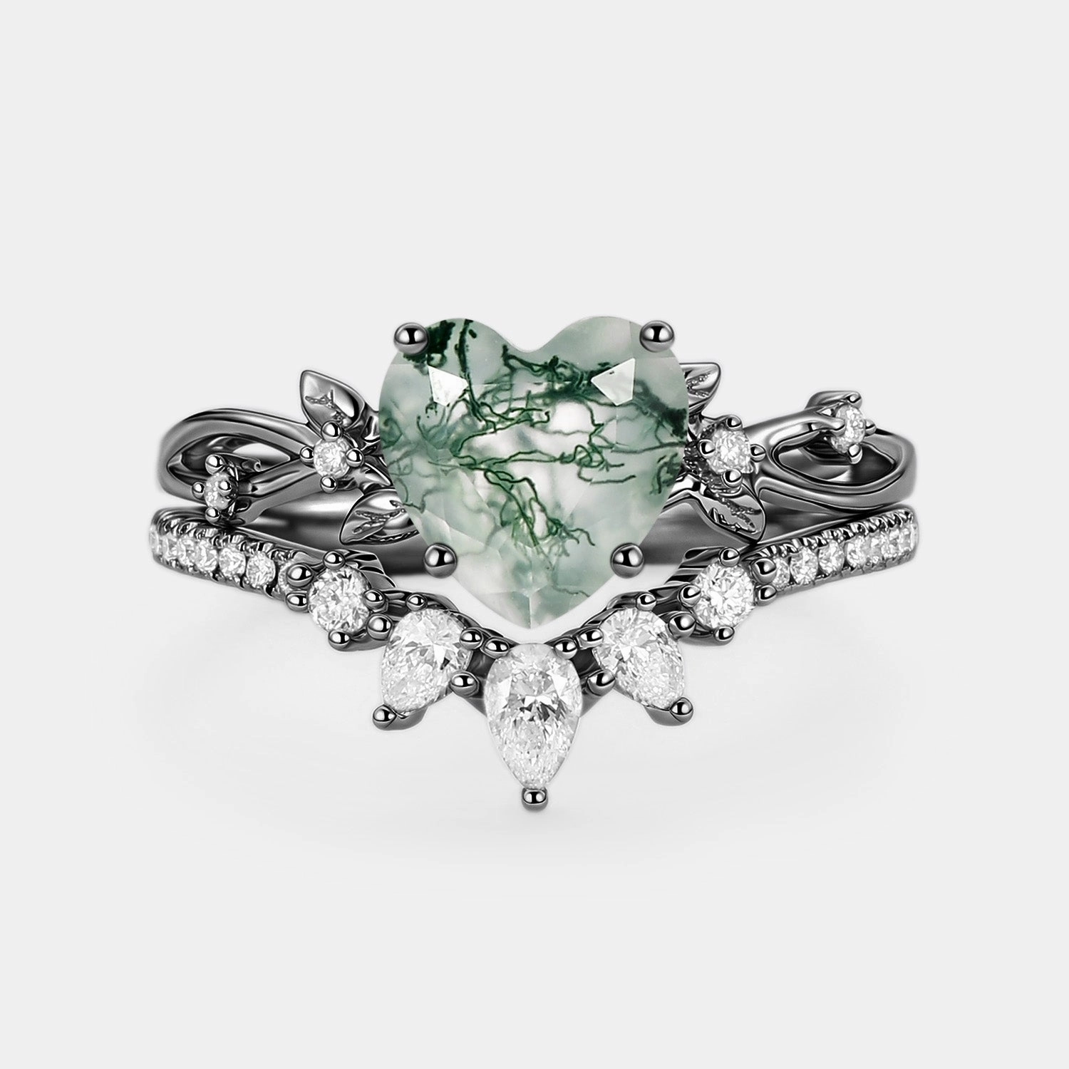 Heart Shaped Moss Agate Leafy Ring Set 2pcs - Wrenley Radiant Radiance