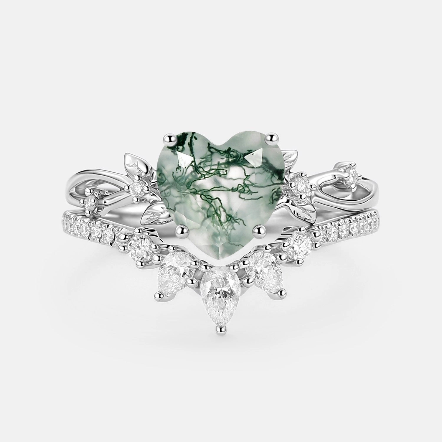 Refined Touch Luxury piece Heart Shaped Moss Agate Leafy Ring Set 2pcs - Wrenley