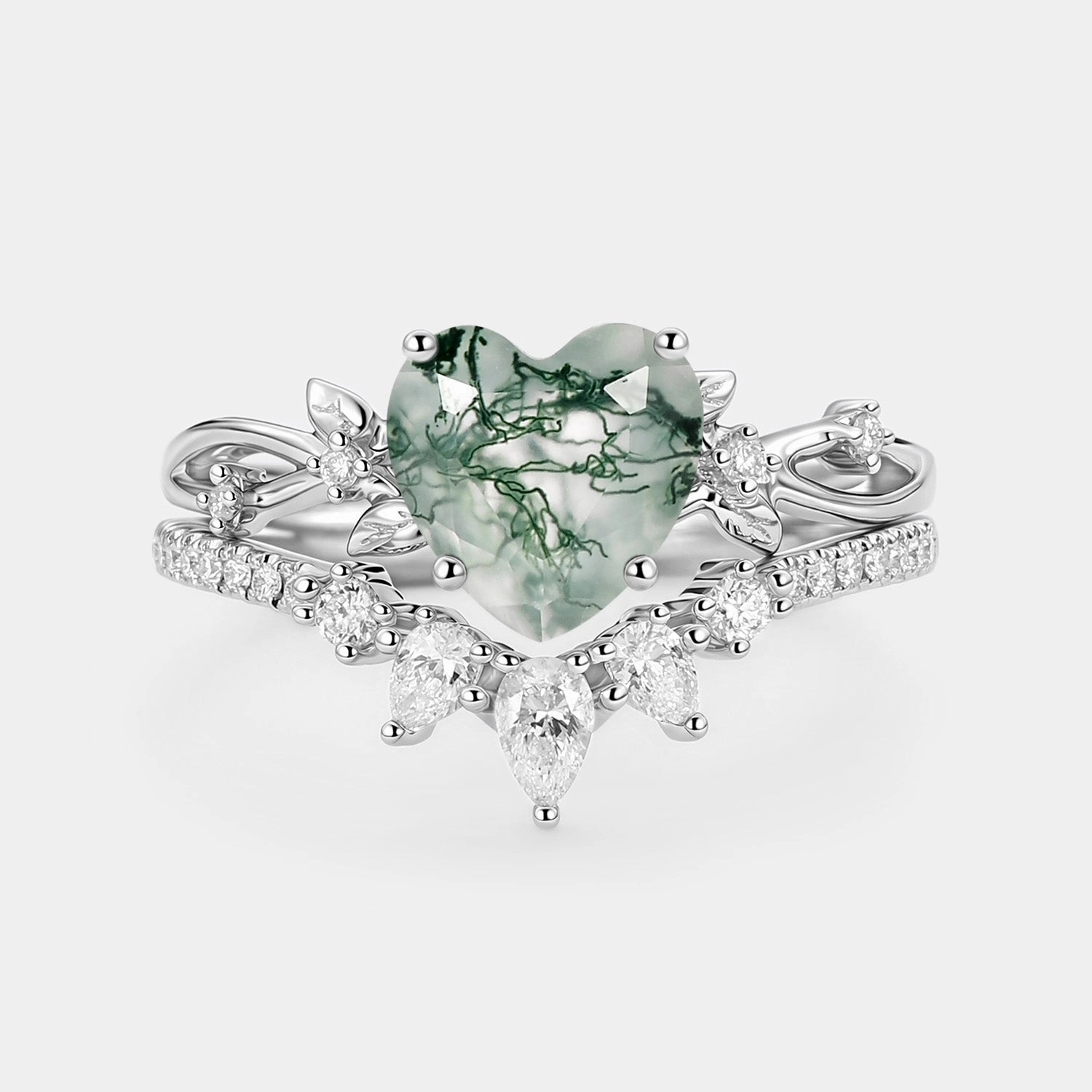 Heart Shaped Moss Agate Leafy Ring Set 2pcs - Wrenley Unique Style