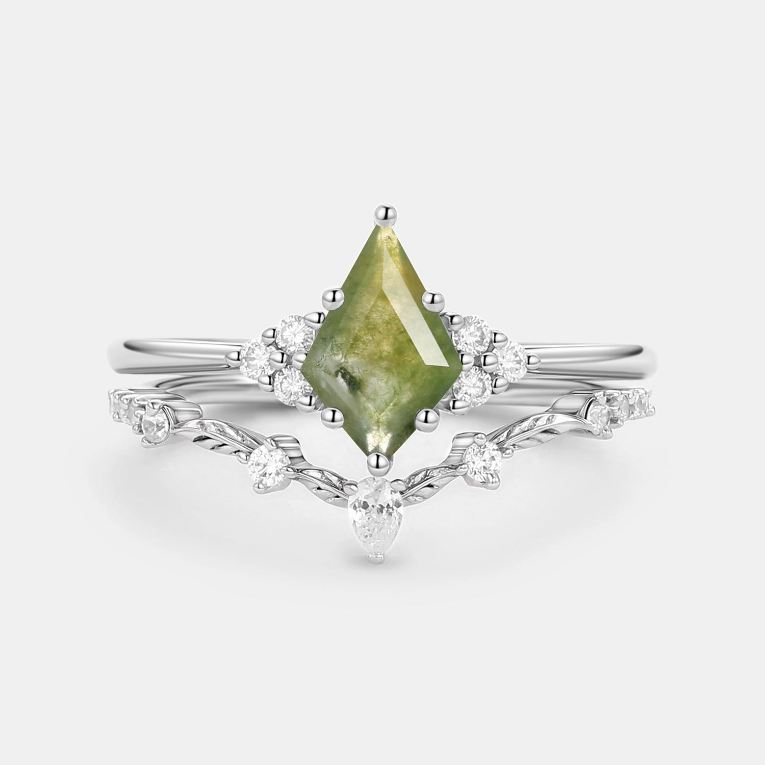 Handcrafted Feature Kite Cut Moss Agate Leafy Engagement Ring Set 2pcs - Ava