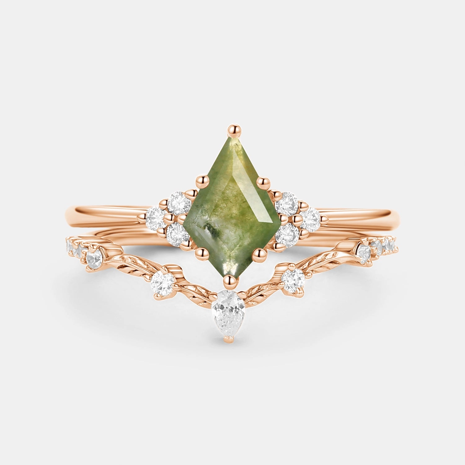 Exquisite Edge Kite Cut Moss Agate Leafy Engagement Ring Set 2pcs - Ava