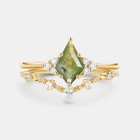 Kite Cut Moss Agate Leafy Engagement Ring Set 2pcs - Ava Shiny Radiance Timeless Finish