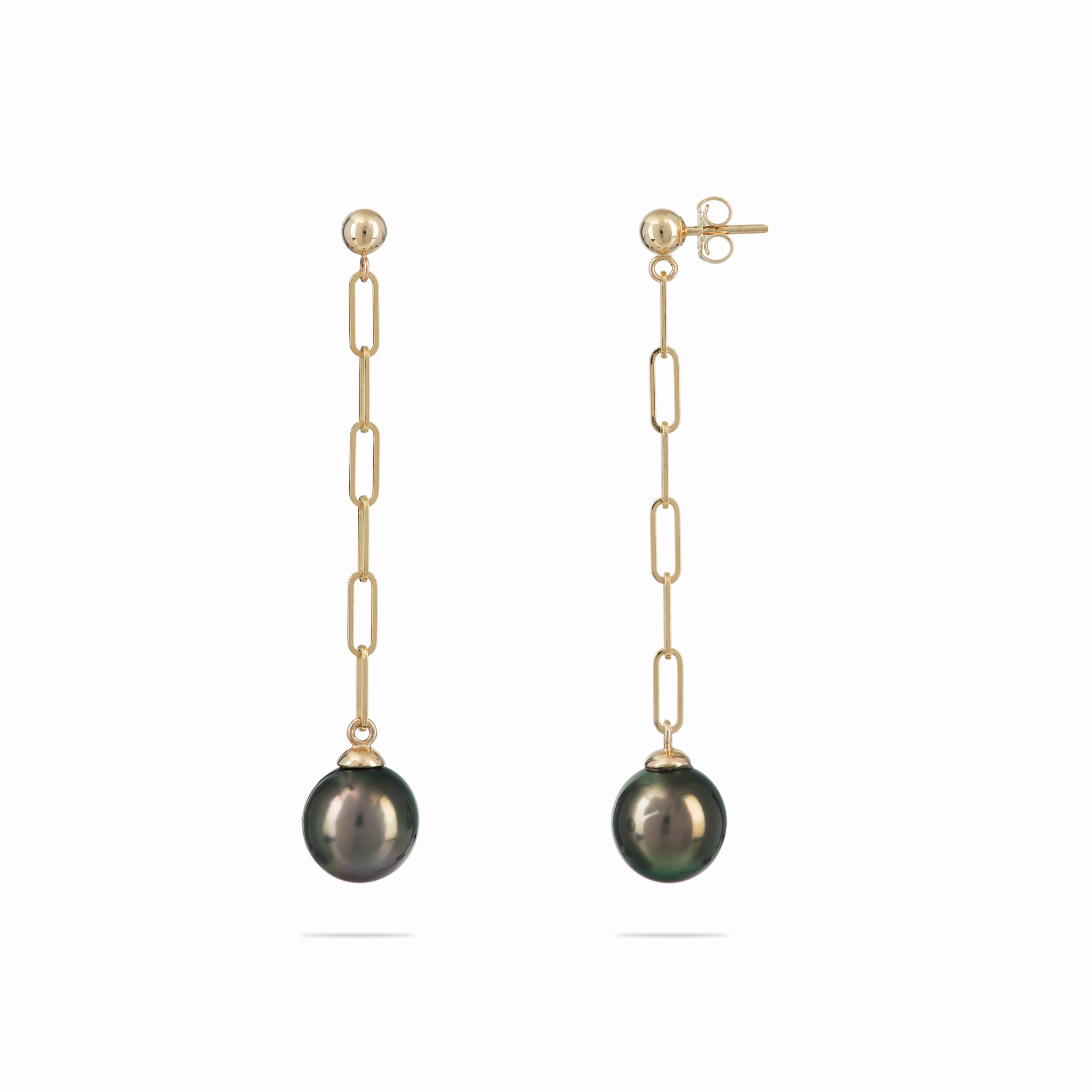 Tahitian Black Pearl Paperclip Chain Earrings in Gold - 9-10mm Sturdy Product