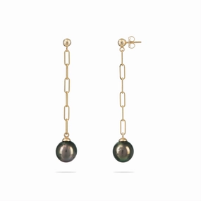 Tahitian Black Pearl Paperclip Chain Earrings in Gold - 9-10mm Sturdy Product