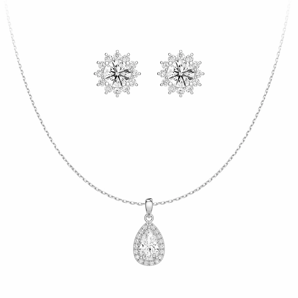 Artful Edge Halo Pear Moissanite Pendant Necklace And Sunflower Round Moissanite Stud Earrings