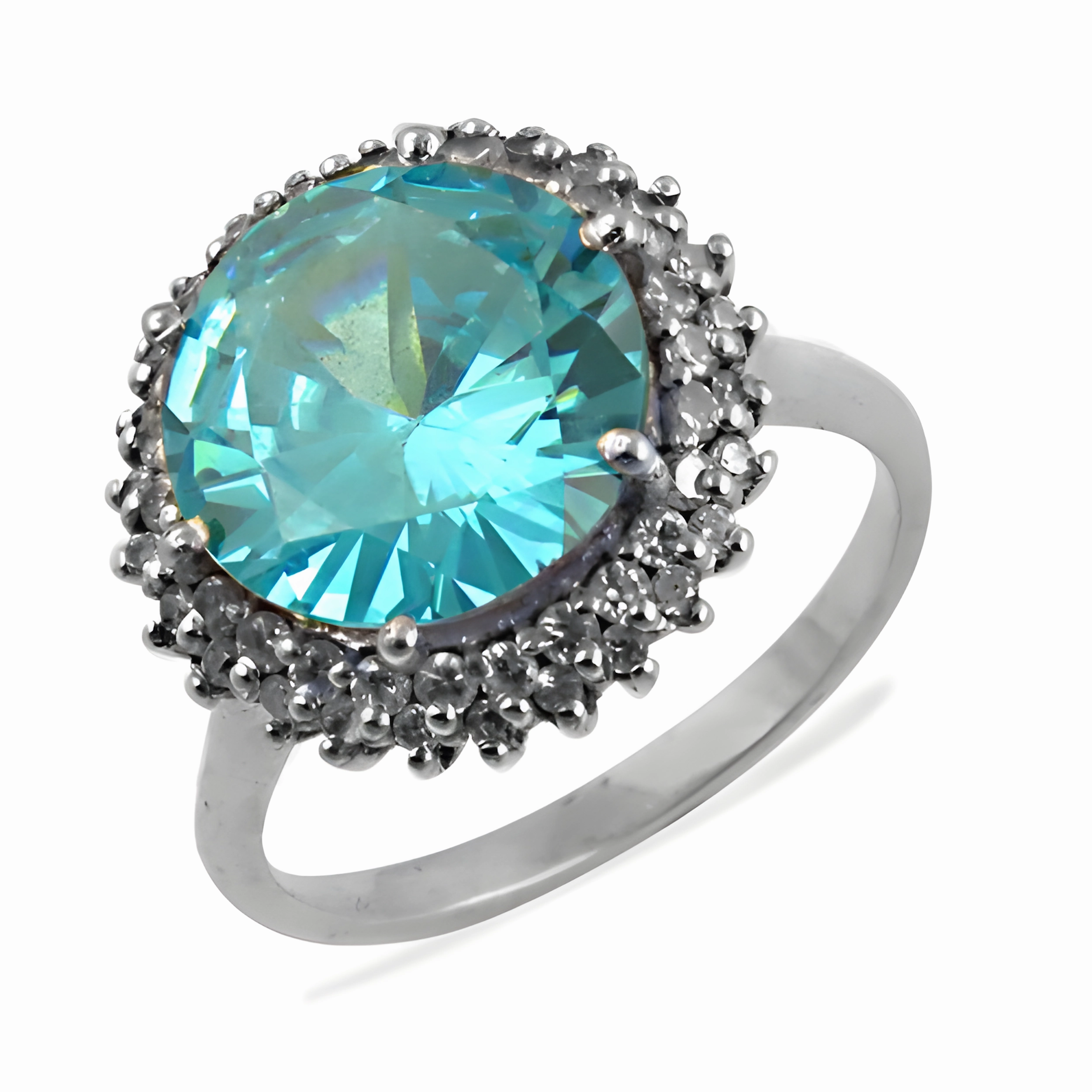 Dazzling Blue & White Cubic Zirconia Silver Ring - Elegant Gemstone Jewelry Past Inspired