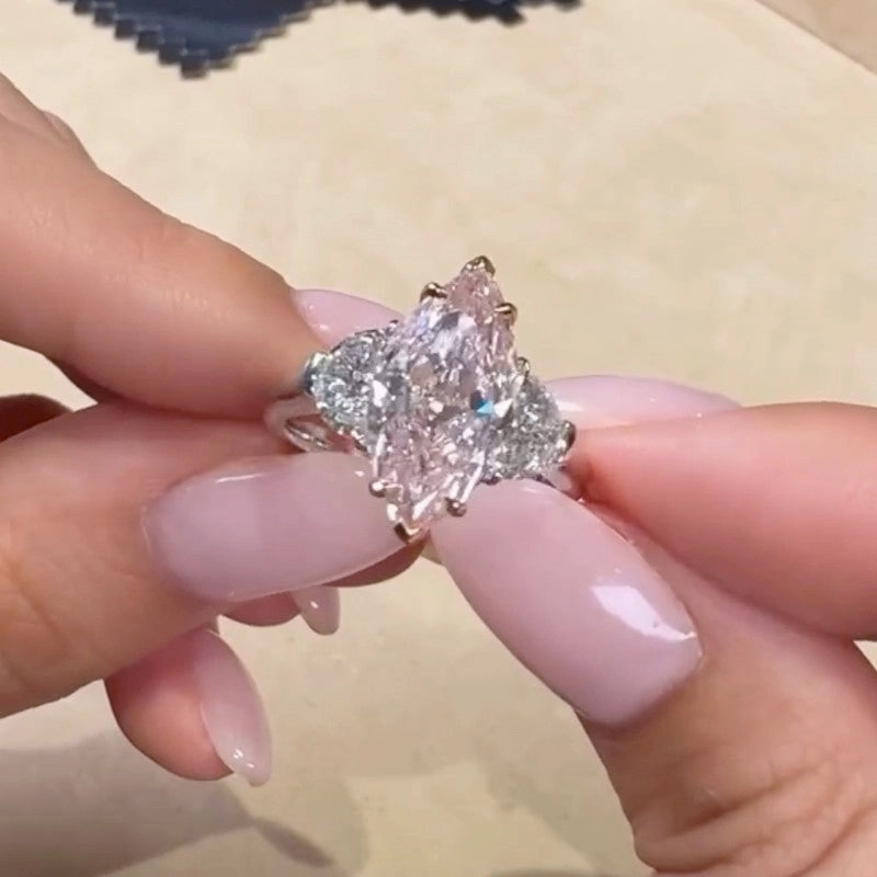 6.0Ct Pink Marquise Cut Three Stone Engagement Ring In Sterling Silver Crisp Look Mirror Selfie