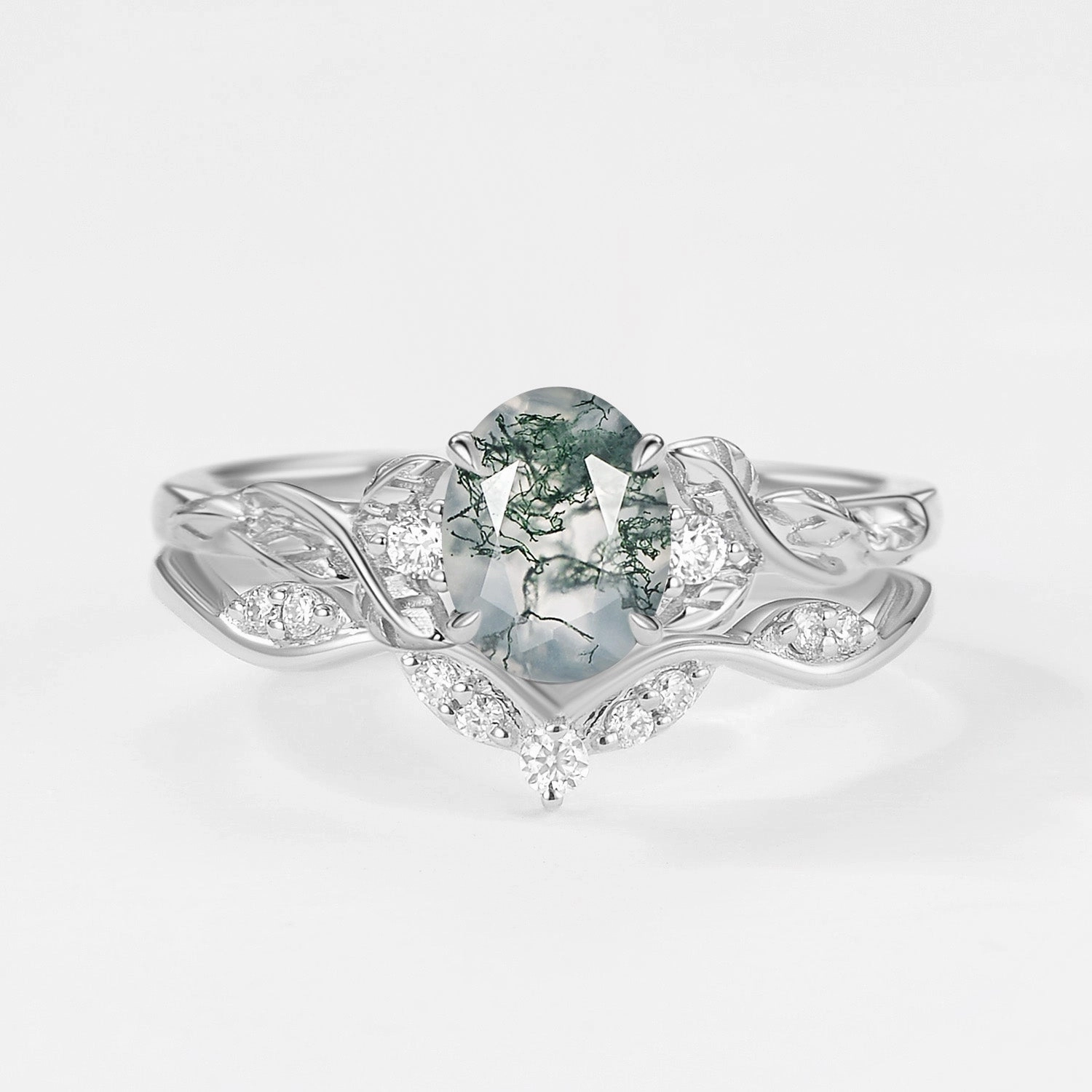 Fashionable pieces Oval Shaped Moss Agate Leafy Engagement Ring Set 2pcs