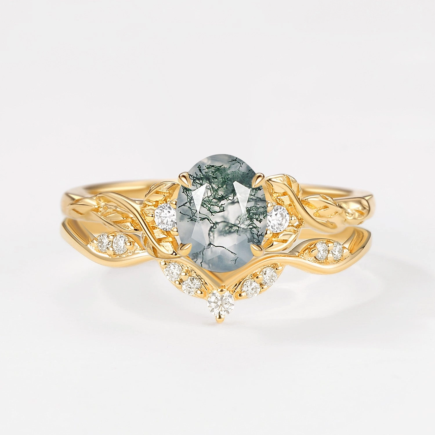 Oval Shaped Moss Agate Leafy Engagement Ring Set 2pcs Trendy Finish Soft Match