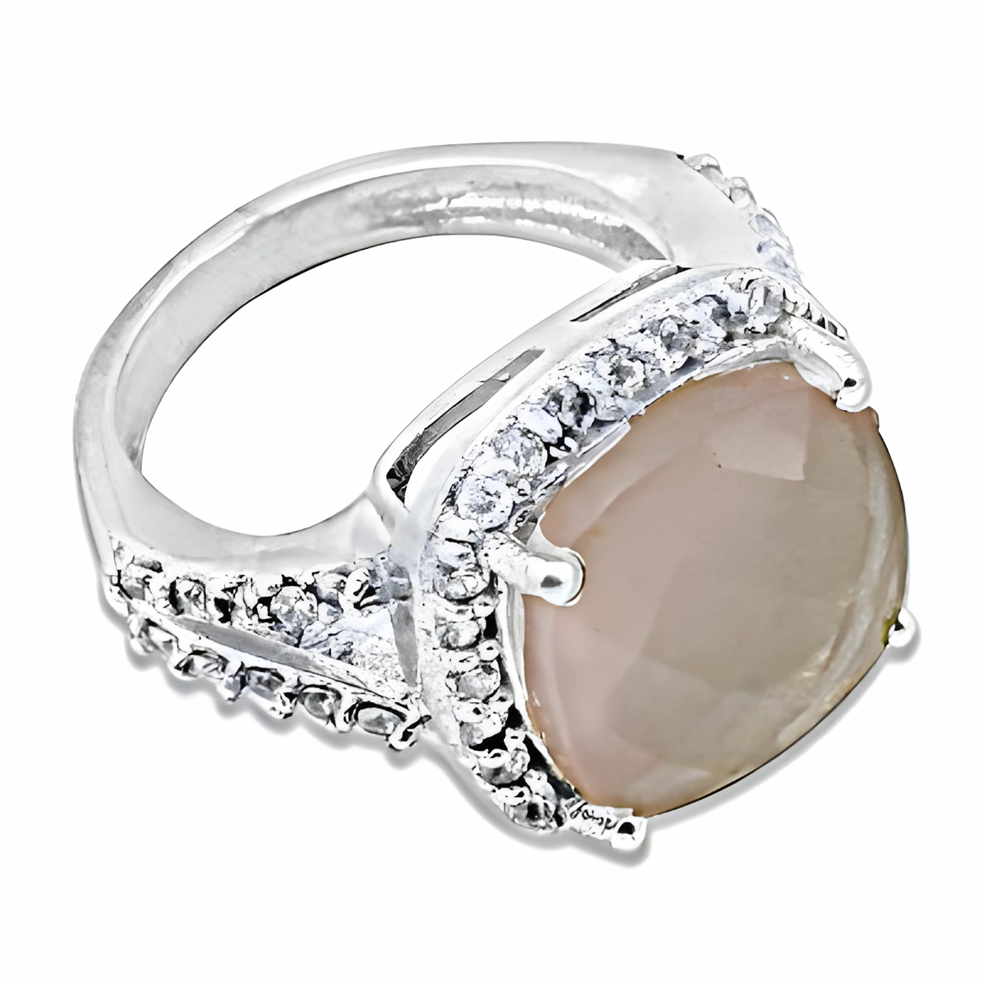 Dazzling Rose Quartz & Cubic Zirconia Silver Ring - Gemstone Jewelry Glam Party