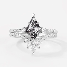 Kite Cut Black Rutilated Quartz Bridal Ring Set 2pcs Modern Fashion