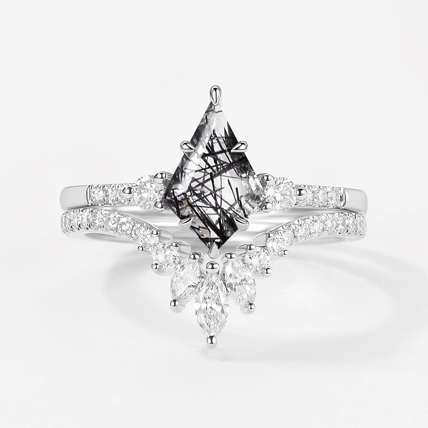 Kite Cut Black Rutilated Quartz Bridal Ring Set 2pcs Modern Fashion