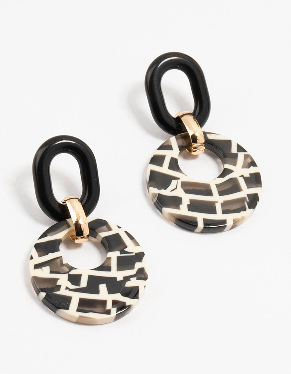 Shimmer Effect Acrylic Black & White Checked Disc Drop Earrings
