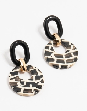 Shimmer Effect Acrylic Black & White Checked Disc Drop Earrings