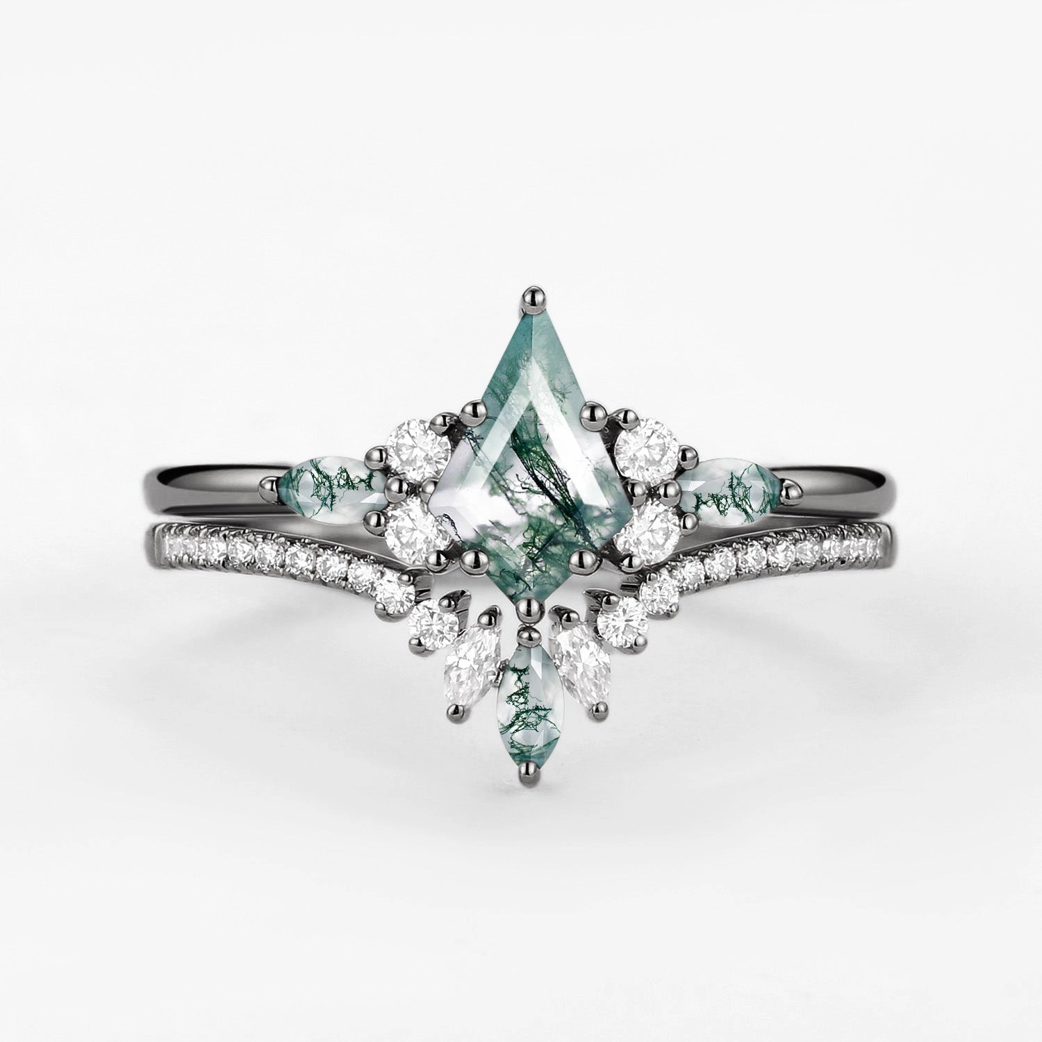 Black Gold Kite Cut Green Moss Agate Bridal Set 2pcs - Rebecca Chic Fit